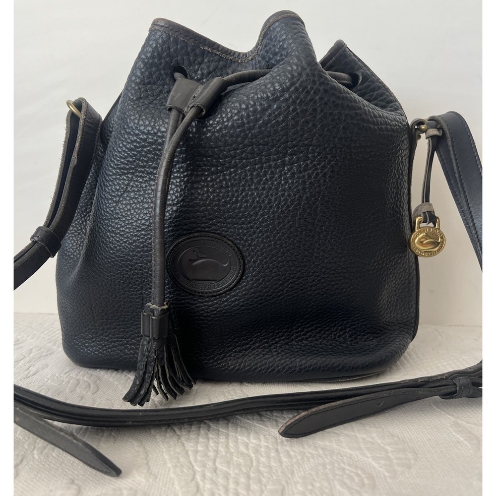Dooney & Bourke Vintage Leather Drawstring Bucket Bag Navy Blue Tassel USA VTG